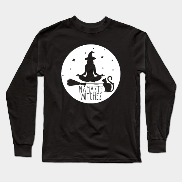 Namaste Witches Yoga Halloween With Cat Long Sleeve T-Shirt by Yoga Studio Arts